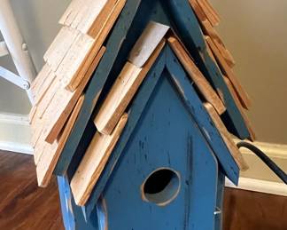 Blue Distressed Wood Birdhouse with Shingled Roof