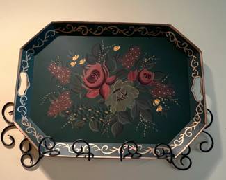 Square Nest Hand Painted Floral Tole Tray with Stand