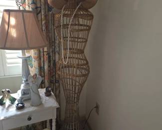 Vintage Wicker Full Body Dress Form Mannequin with Hat and Pearls