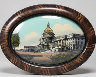 Antique Reverse Glass Painting of U.S. Capitol Building in a "Tiger Stripe" Wooden Frame
