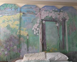 Four Panel Garden Scene Folding Screen