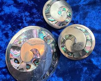 Mexican Sterling Silver and Abalone Inlay Brooch and Earrings in Spiral Design