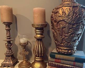 Ornate Bronze Finish Candlestick Set with Decorative Vase