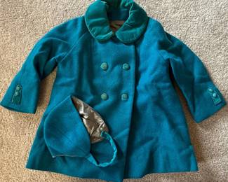 Vintage Handmade Teal Wool Double Breasted Coat and Cloche Hat Set