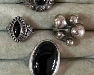 Silver and Onyx Rings, including Mexican Silver