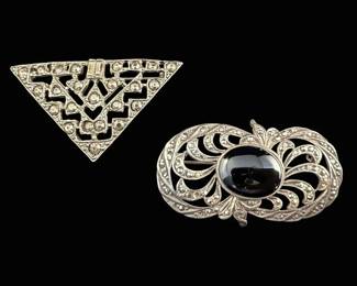 Vintage Art Deco Silver Marcasite and Onyx Brooches