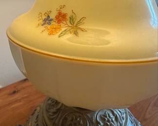 Vintage Floral Milk Glass Urn Table Lamp with Ornate Metal Base Details