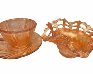 Glass Basket Weave Bowl with Open Lace Edge and Ribbed Cup/Saucer