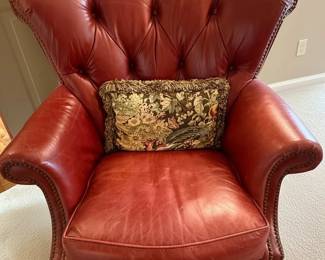 Red Leather Tufted Wingback Armchair with Rolled Arms and Decorative Nailhead Trim