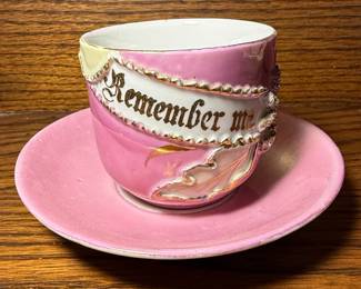 "Remember Me" Pink Lusterware Demitasse Teacup and Saucer Set