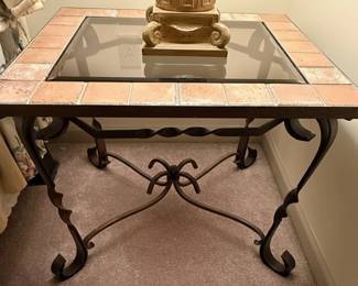Wrought Iron and Tile/Glass Top Side Table