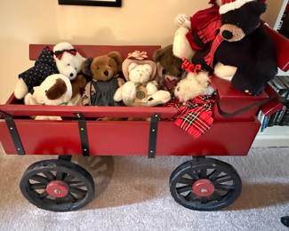 Red Wooden Wagon with Stuffed Animals