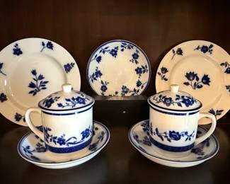 Williams Sonoma "Flow Blue" Teacup, Saucer, and Plates