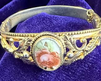 Victorian Style Floral Cameo Hinged Bangle Bracelet