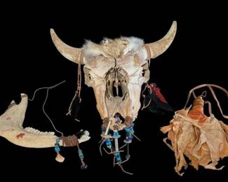 The Great Plains Collection Bison Skull, Painted Jawbone Art, Artisan Buckskin Flask