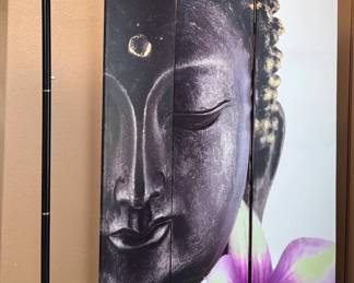 Serene Buddha 3Panel Room Divider  Sleek Black Gold Torchiere Floor Lamp Set
