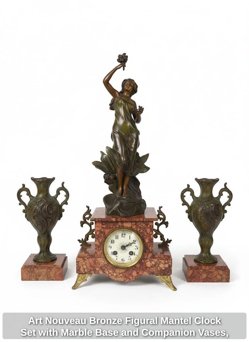 Art Nouveau Bronze Figural Mantel Clock Set with Marble Base and Companion Vases, Attributed to Auguste Moreau