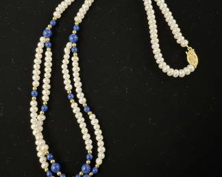 Gold-Plated Toucan Pendant Necklace with Freshwater Pearls and Lapis Lazuli