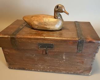 Antique Wooden Steamer Trunk with Duck Decoy