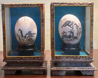 Pair of Vintage Chinese Hand-Painted Landscape Eggs in Display Cases