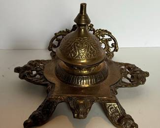 Ornate Brass Inkwell with Embossed Lid and Star Base made in India