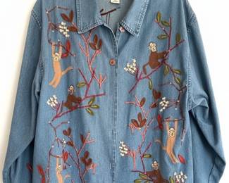 Tantrums Embroidered Denim Jacket with Monkeys and Sequins