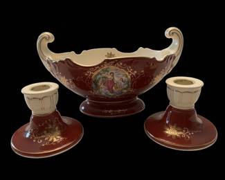 Antique French Limoges Porcelain Centerpiece Bowl with Candlesticks