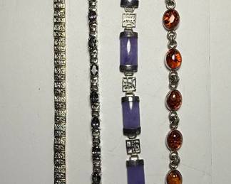 Assorted Sterling Silver Tennis Bracelets: Diamond, Mystic Topaz, Lavender Jade, and Amber