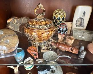 Ornate Jar with Lid and Assorted Collectibles