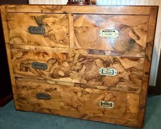 Antique Burl Wood Campaign Chest of Drawers