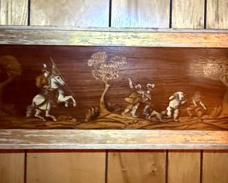 Marquetry Wood Panel Depicting a Bear Hunt Scene