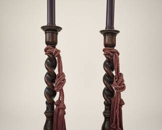 Pair of Antique English Oak Barley Twist Candlesticks with Tassels