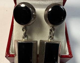 Mexican Sterling Silver and Onyx Dangle Earrings