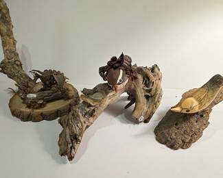 Driftwood Sculptures Signed 'Solomon' and 'WFS' with Bird Motifs