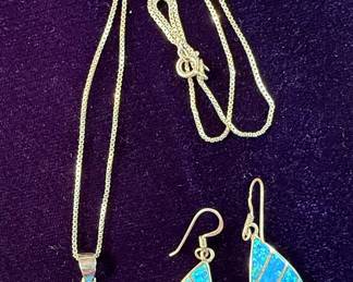 Sterling Silver and Lab-Created Blue Opal Teardrop Jewelry Set
