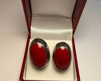 Vintage Mexican Sterling Silver and Red Coral Oval Earrings