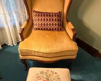 Vintage Yellow Velvet Wingback Armchair with Floral Needlepoint Ottoman