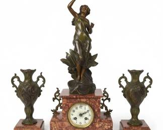 Art Nouveau Bronze Figural Mantel Clock Set with Marble Base and Companion Vases, Attributed to Auguste Moreau