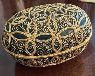 Russian Style Dark Green Intricate Gilt Cloisonne Oval Egg Box