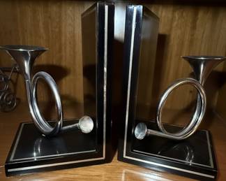 Art Deco Black Lacquered French Horn Bookends