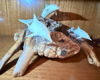 John Perry Dolphin Sculpture on Burlwood Base