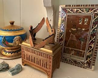 Egyptian Revival Decorative Box with Winged Figures, Covered Bowl and Wood Inlaid Art