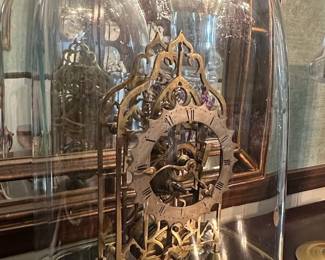 English Fusee Skeleton Clock Under Glass Dome