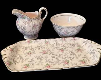 Montague Bridgman Tuscan Fine English Bone China Victoria Pattern Creamer, Sugar Bowl, and Tray Set