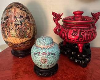 Chinese Cinnabar Lacquer Dragon Censer and Enameled Porcelain Ginger Jar Set