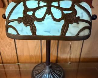 Vintage Tiffany Style Stained Glass Rose Banker Lamp