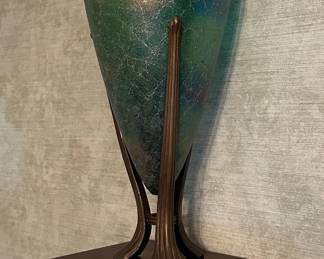 Art Deco Style Green Crackle Glass Amphora Vase Supported by Metal Tri-Armed Stand
