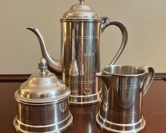 Woodstock Pewterers Coffee Pot, Sugar Bowl, and Creamer Set