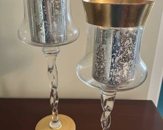 Pair of Mercury Glass Candle Holders with Gold Accents and Twisted Stems