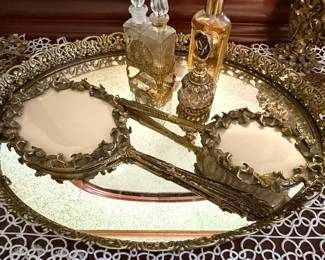 Metal Vanity Set with Perfume Bottles and Hand Mirrors